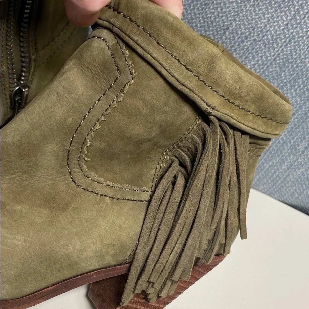 Sam Edelman Olive Green Ankle Boots leather heeled with Fringe size 6.5